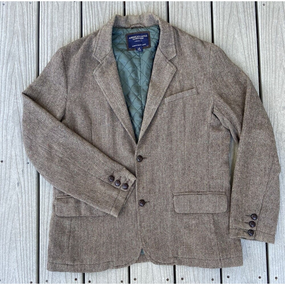 Y2K Vintage American Eagle Men’s Blazer Jacket Sport Coat Tweed Brown Wool Large